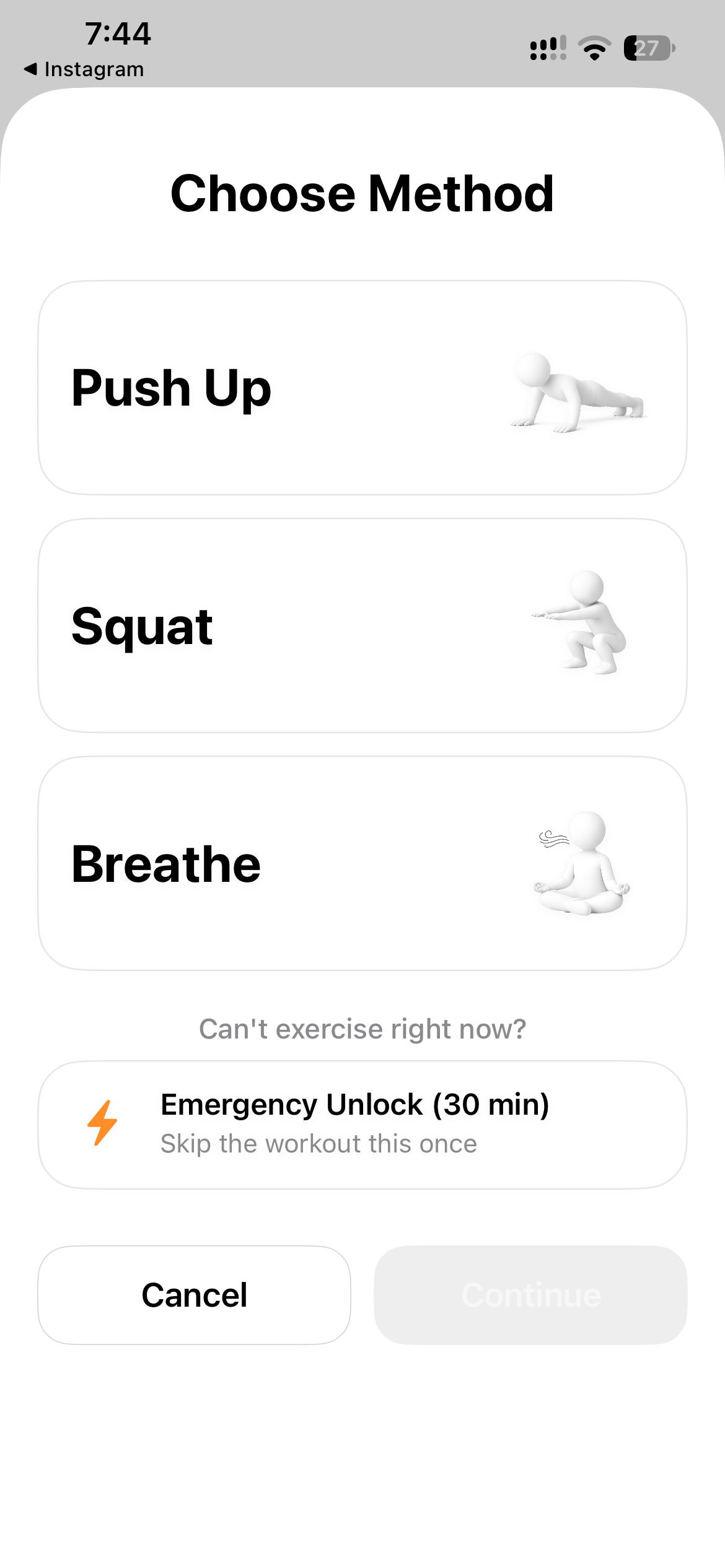 Just Pause exercise selection screen